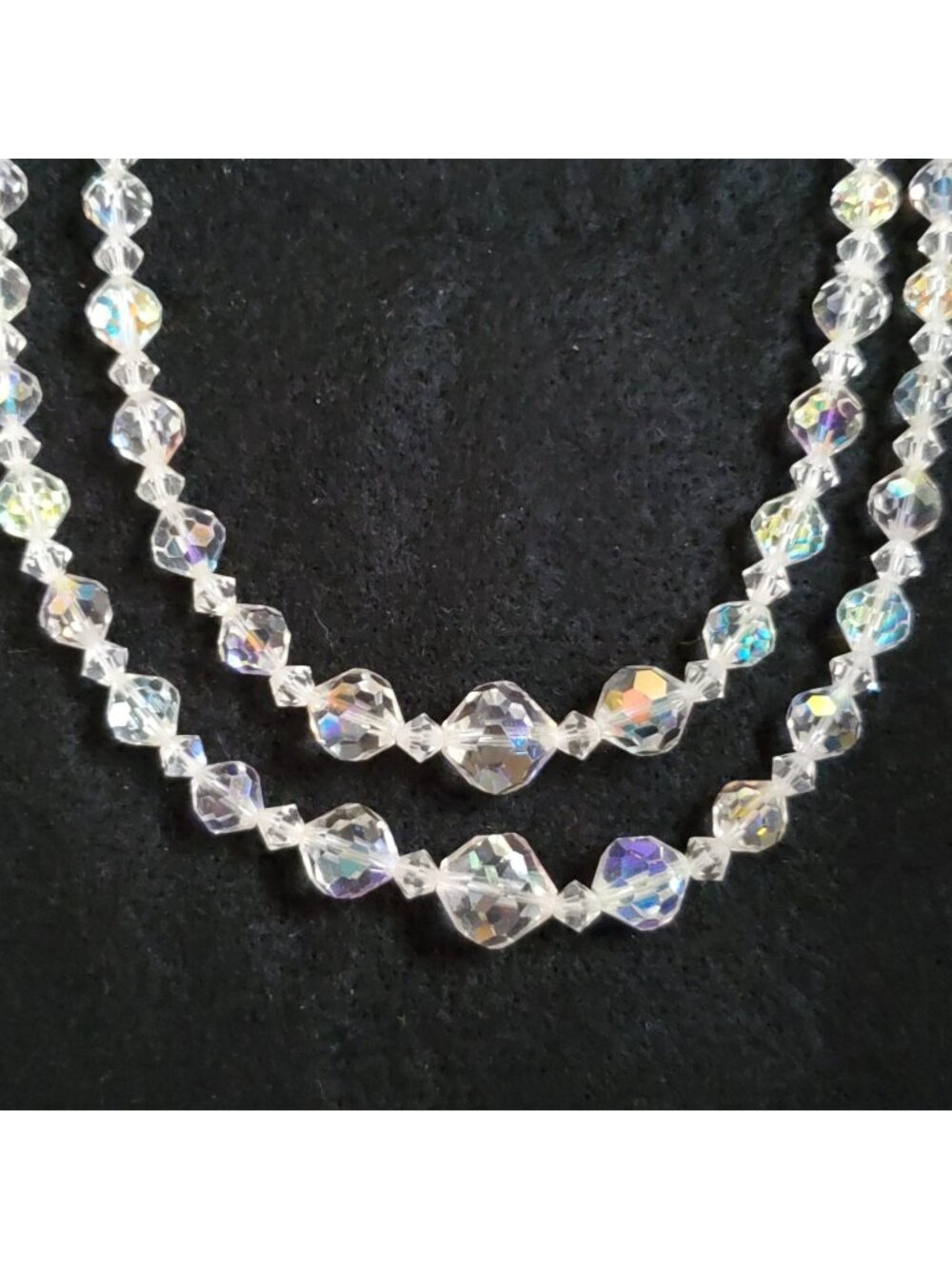 Vintage Glass Beaded Necklace Layered Clear AB Silver Tone 16"